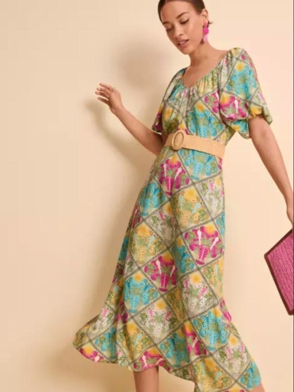 LOFT Palm V-Neck Midi Dress, Puff Sleeve, Raffia Belt, Tropical Print, Size 10